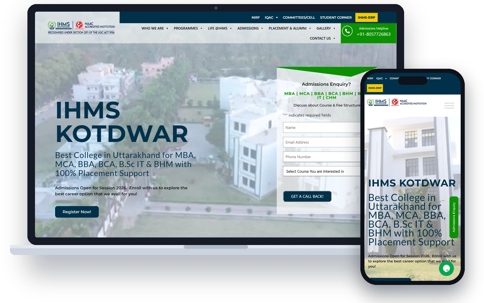 IHMS Kotdwar website on laptop and mobile