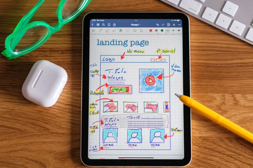 Landing page layout sketched on a tablet