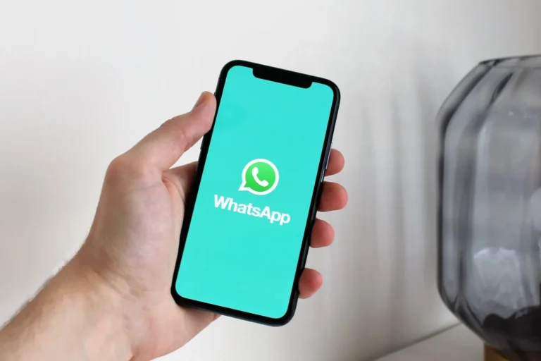 Hand holding a smartphone showing the WhatsApp app